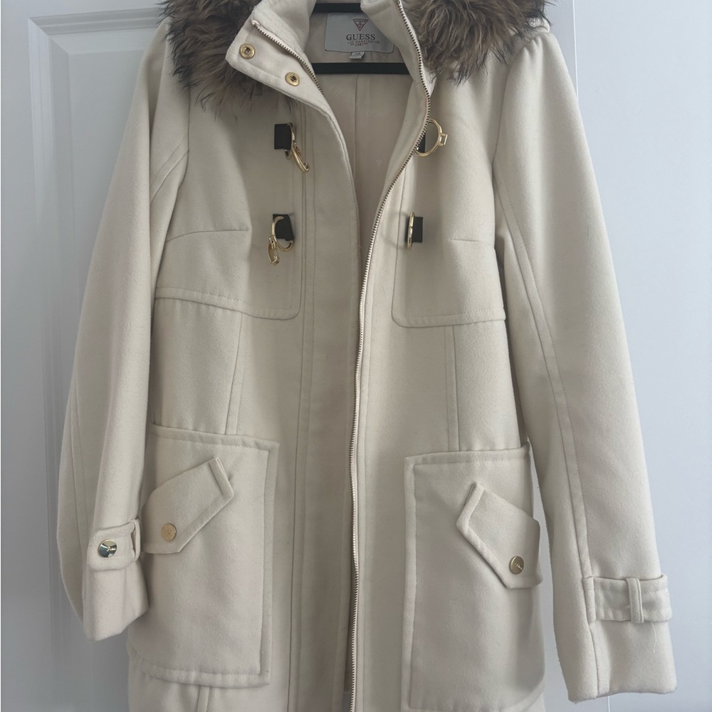 Guess Cream Utility Jacket with Faux Fur Hood